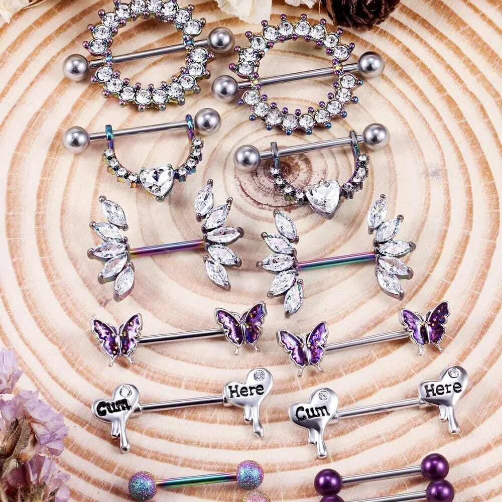 Butterfly Nipple Rings Stainless Steel 14G 14mm Jewelry for Women 7 Pairs